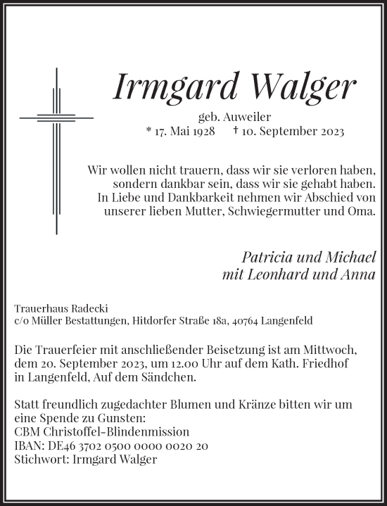 Traueranzeige von Irmgard Walger von Rheinische Post