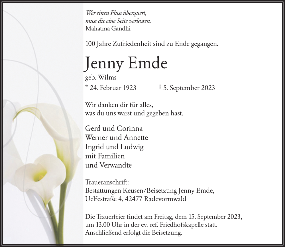  Traueranzeige für Jenny Emde vom 09.09.2023 aus Rheinische Post