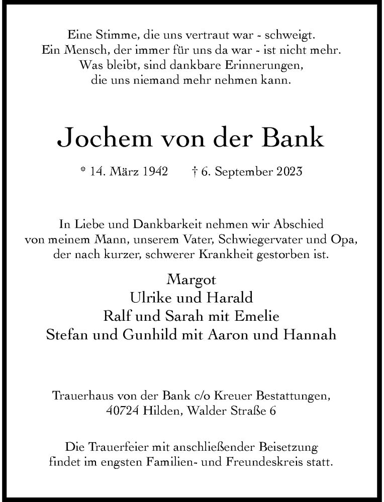  Traueranzeige für Jochem von der Bank vom 16.09.2023 aus Rheinische Post