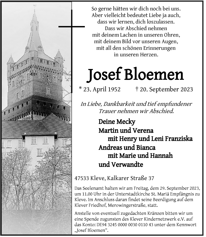  Traueranzeige für Josef Bloemen vom 23.09.2023 aus Rheinische Post