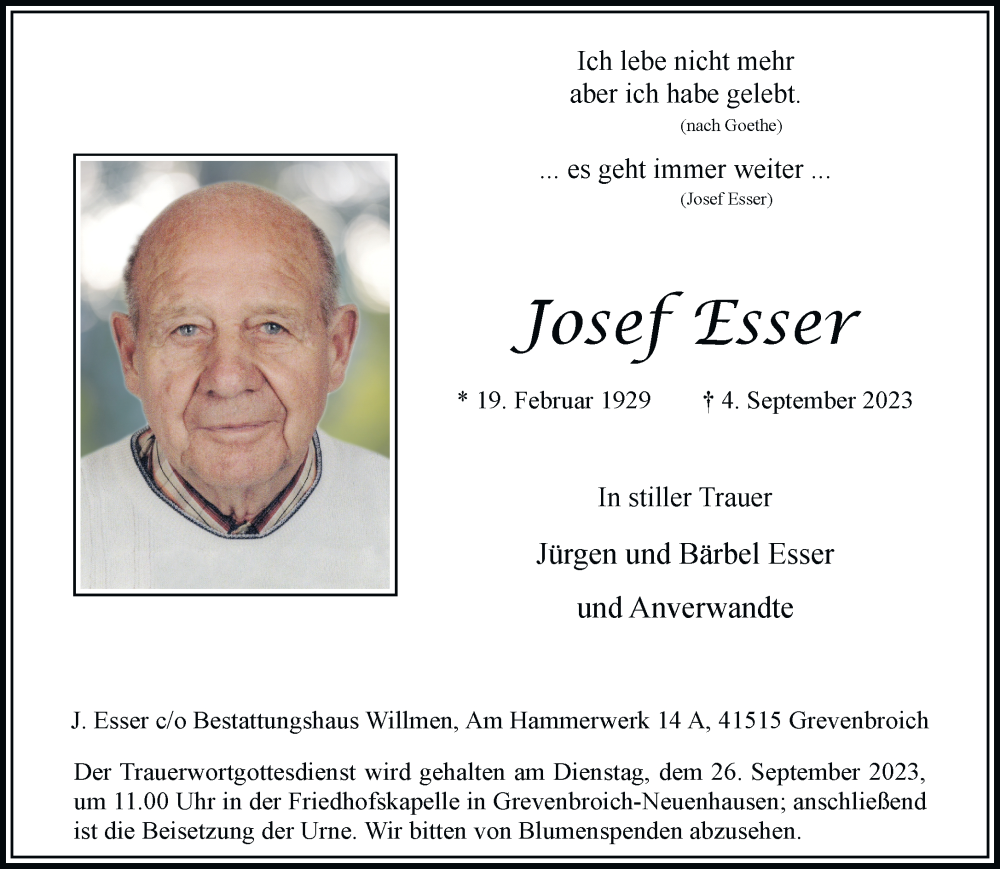  Traueranzeige für Josef Esser vom 16.09.2023 aus Rheinische Post