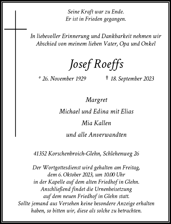 Traueranzeige von Josef Roeffs von Rheinische Post