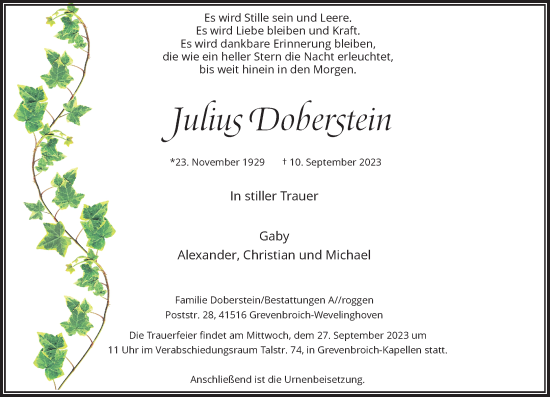 Traueranzeige von Julius Doberstein von Rheinische Post