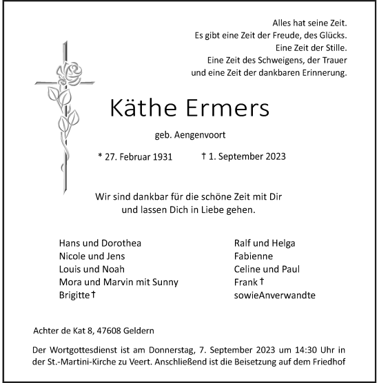Traueranzeige von Käthe Ermers von Rheinische Post