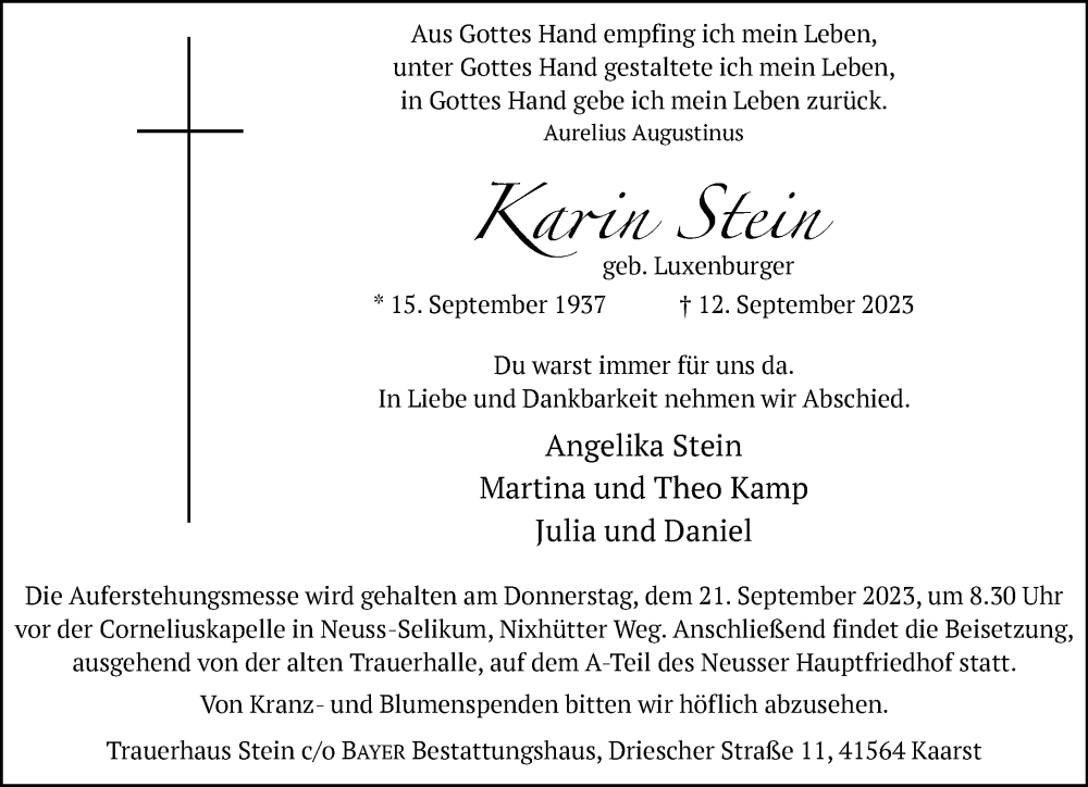  Traueranzeige für Karin Stein vom 16.09.2023 aus Rheinische Post