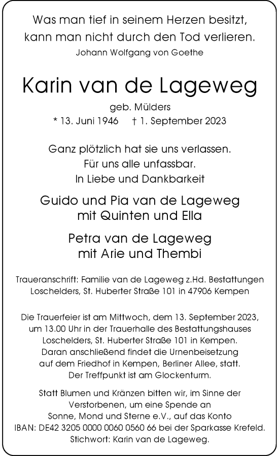 Traueranzeige von Karin van de Lageweg von Rheinische Post