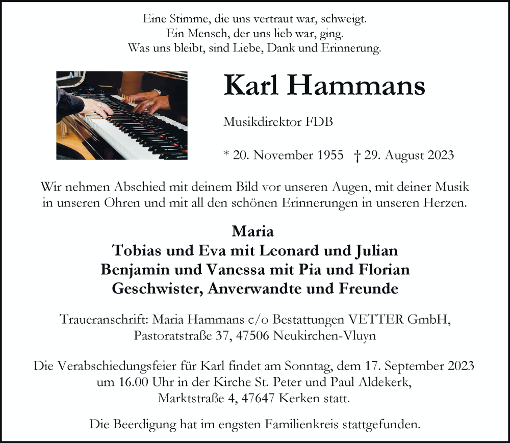  Traueranzeige für Karl Hammans vom 09.09.2023 aus Rheinische Post