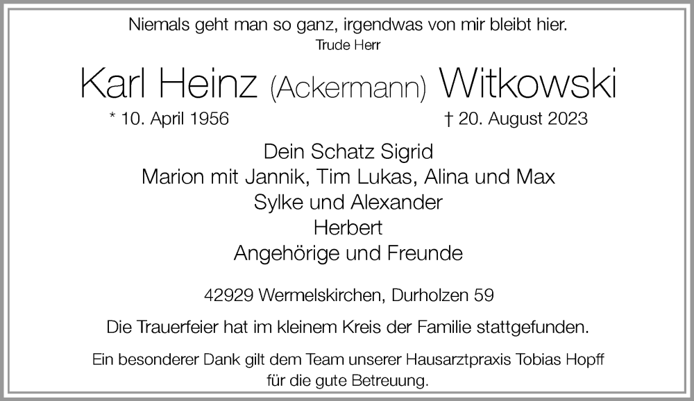  Traueranzeige für Karl Heinz Witkowski vom 02.09.2023 aus Rheinische Post