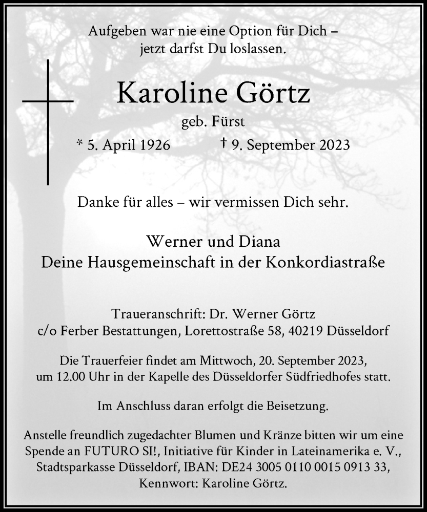  Traueranzeige für Karoline Görtz vom 16.09.2023 aus Rheinische Post