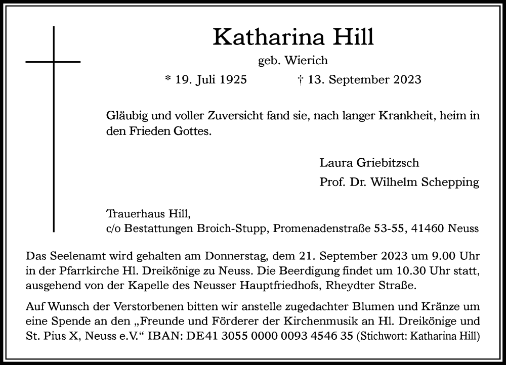  Traueranzeige für Katharina Hill vom 16.09.2023 aus Rheinische Post