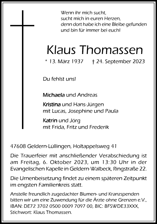 Traueranzeige von Klaus Thomassen von Rheinische Post