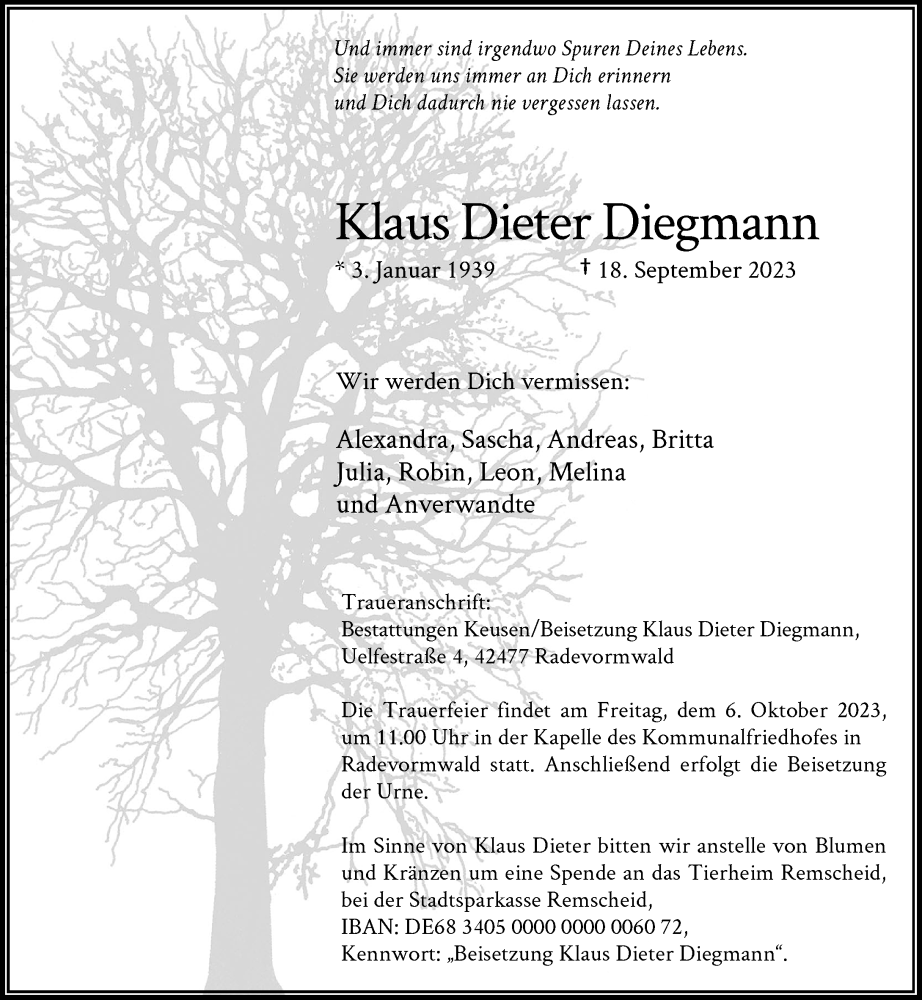  Traueranzeige für Klaus Dieter Diegmann vom 30.09.2023 aus Rheinische Post