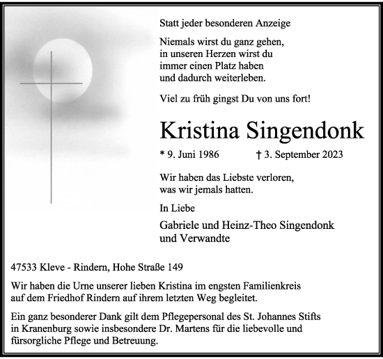 Traueranzeige von Kristina Singendonk von Rheinische Post