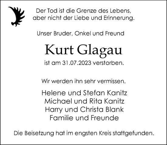 Traueranzeige von Kurt Glagau von Rheinische Post
