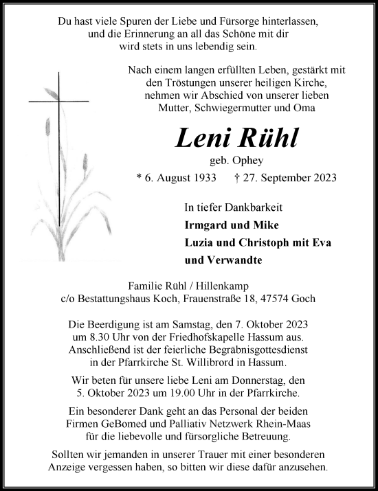 Traueranzeige von Leni Rühl von Rheinische Post