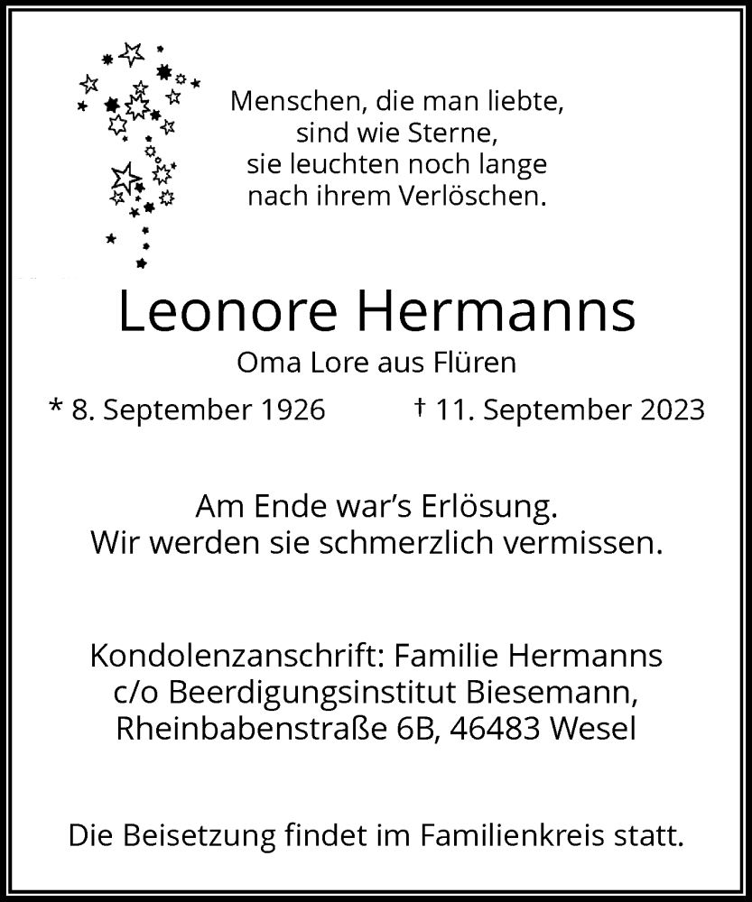  Traueranzeige für Leonore Hermanns vom 19.09.2023 aus Rheinische Post