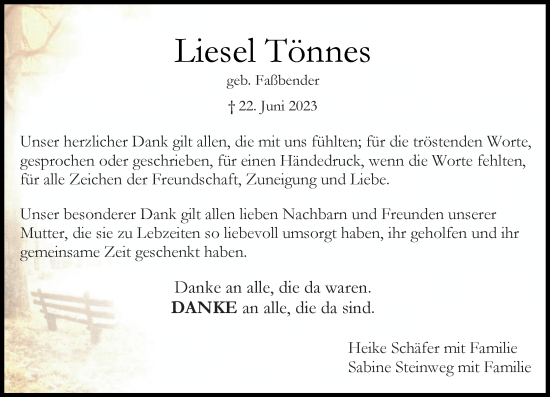 Traueranzeige von Liesel Tönnes von Rheinische Post