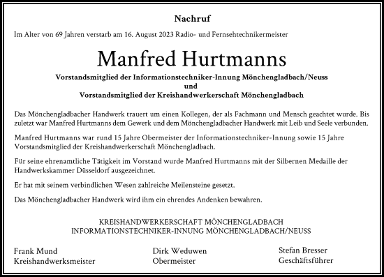 Traueranzeige von Manfred Hurtmanns von Rheinische Post