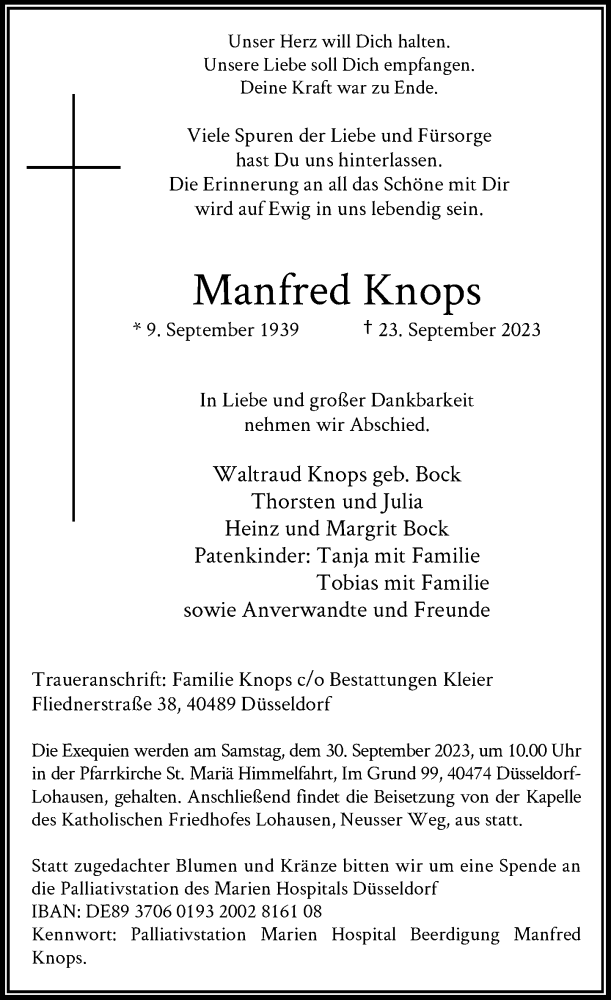  Traueranzeige für Manfred Knops vom 27.09.2023 aus Rheinische Post