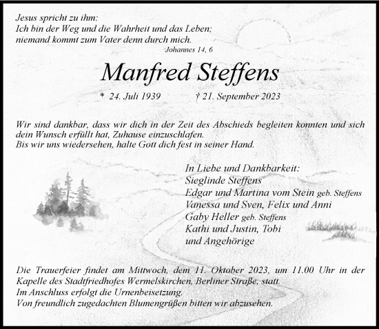 Traueranzeige von Manfred Steffens von Rheinische Post