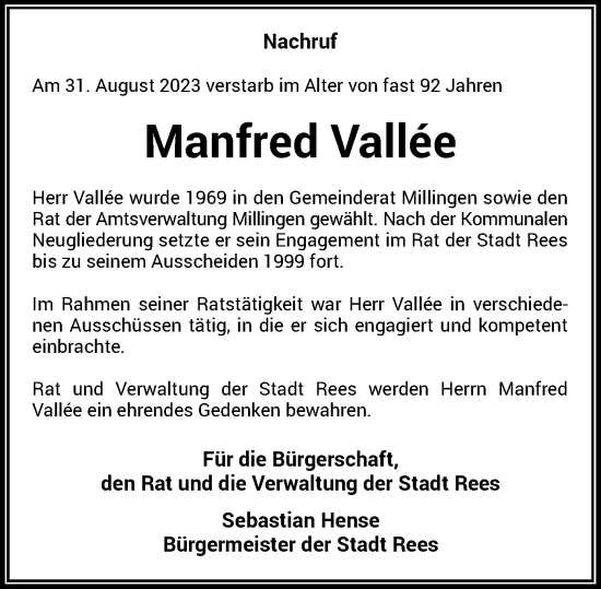 Traueranzeige von Manfred Vallee von Rheinische Post