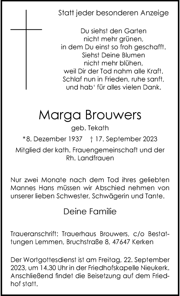  Traueranzeige für Marga Brouwers vom 20.09.2023 aus Rheinische Post