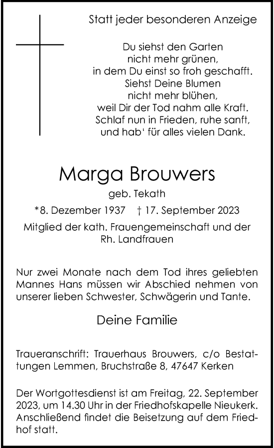Traueranzeige von Marga Brouwers von Rheinische Post