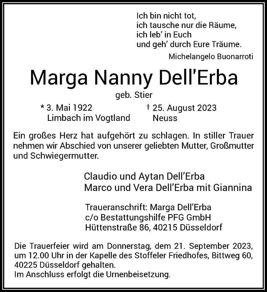  Traueranzeige für Marga Nanny DellErba vom 16.09.2023 aus Rheinische Post