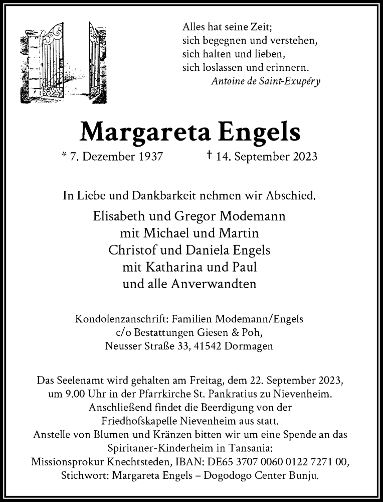  Traueranzeige für Margareta Engels vom 19.09.2023 aus Rheinische Post