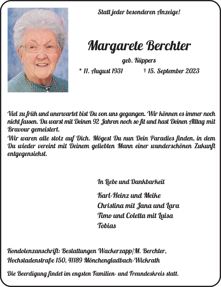  Traueranzeige für Margarete Berchter vom 23.09.2023 aus Rheinische Post