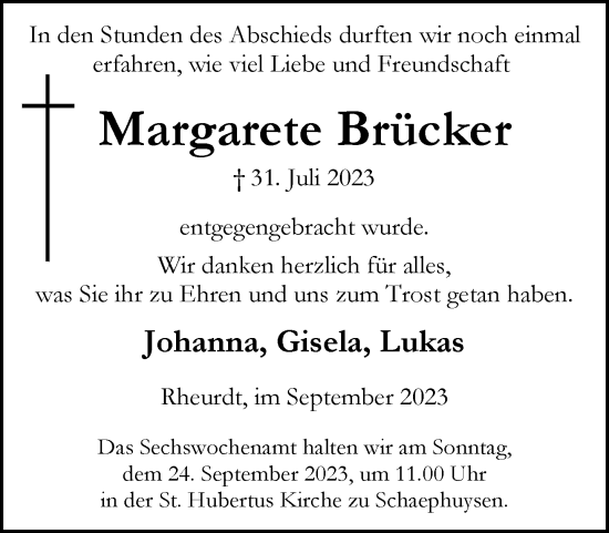 Traueranzeige von Margarete Brücker von Rheinische Post