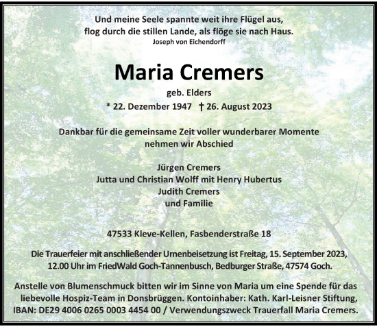 Traueranzeige von Maria Cremers von Rheinische Post