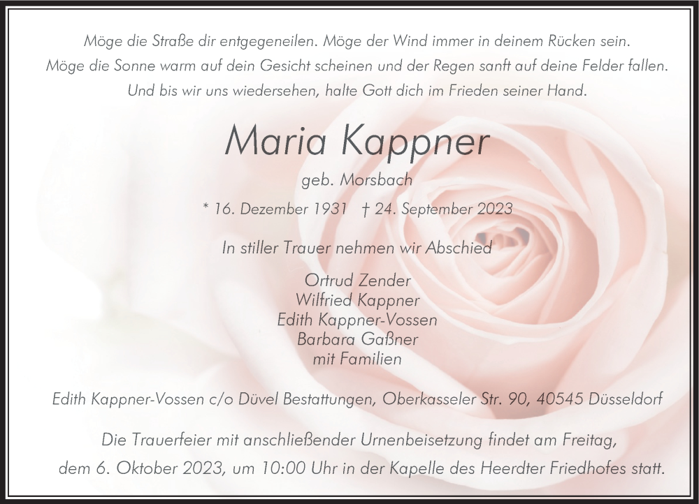  Traueranzeige für Maria Kappner vom 30.09.2023 aus Rheinische Post