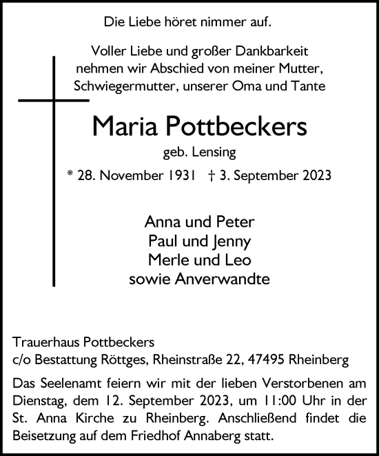 Traueranzeige von Maria Pottbeckers von Rheinische Post