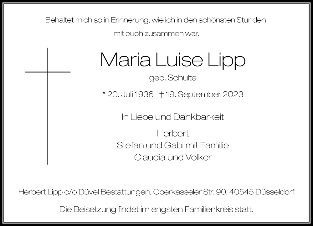  Traueranzeige für Maria Luise Lipp vom 23.09.2023 aus Rheinische Post
