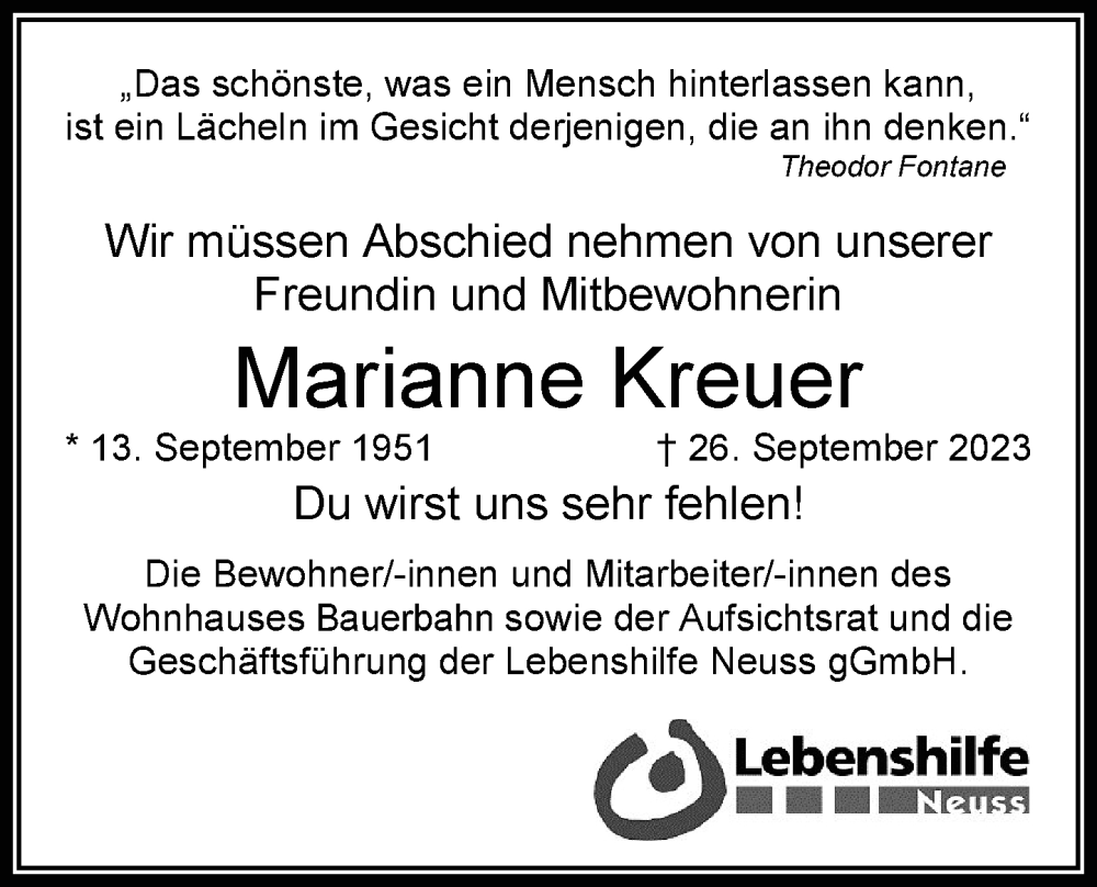  Traueranzeige für Marianne Kreuer vom 30.09.2023 aus Rheinische Post
