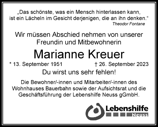 Traueranzeige von Marianne Kreuer von Rheinische Post
