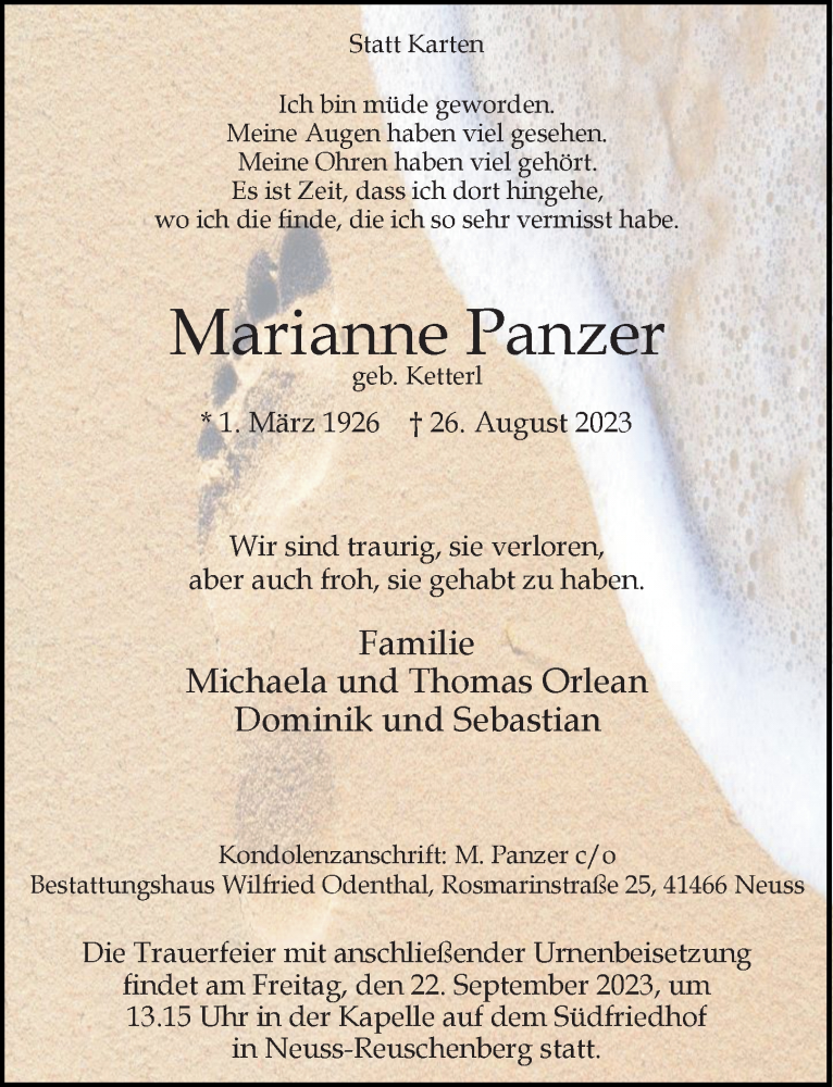  Traueranzeige für Marianne Panzer vom 16.09.2023 aus Rheinische Post