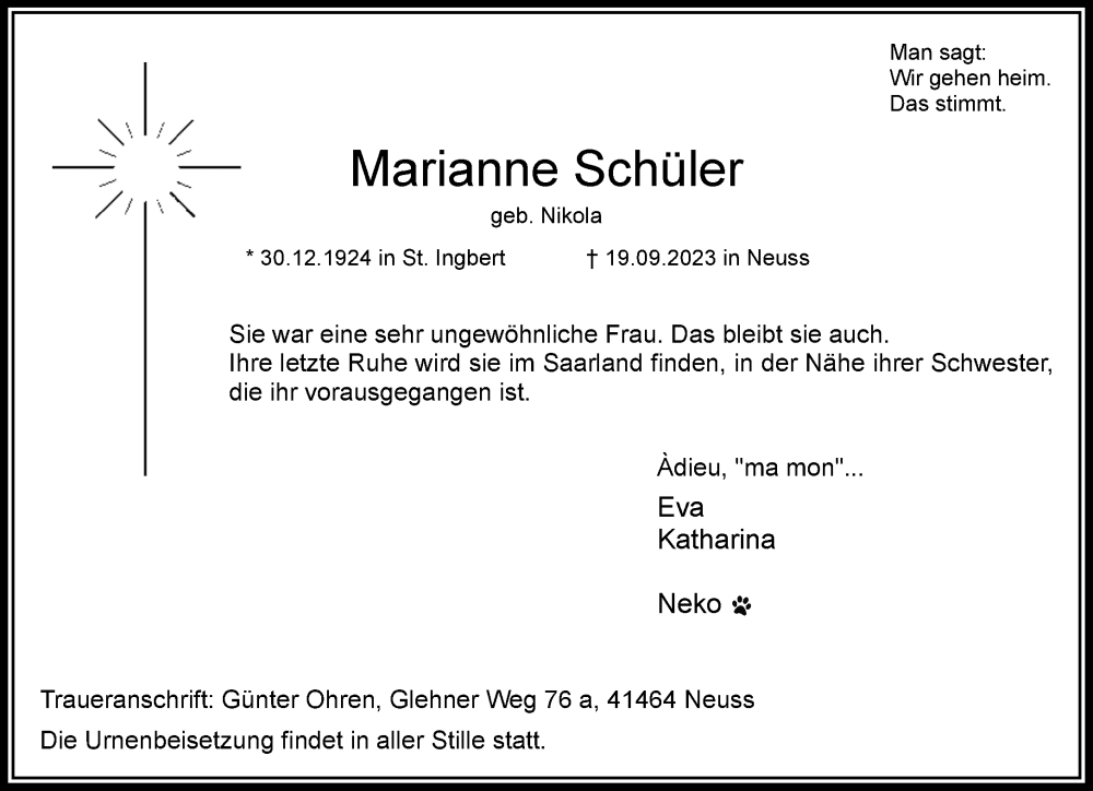  Traueranzeige für Marianne Schüler vom 30.09.2023 aus Rheinische Post
