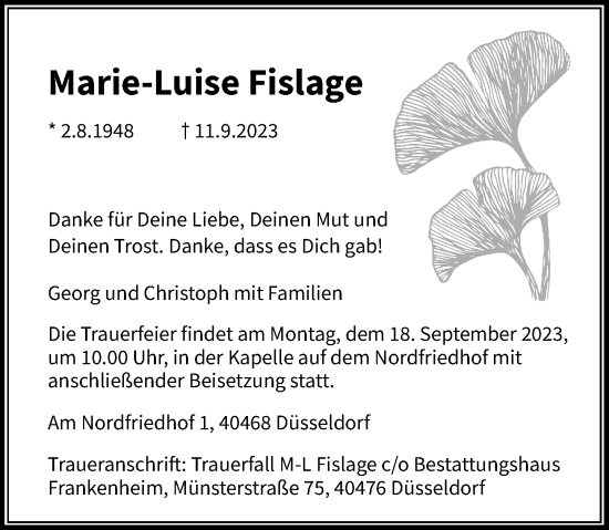 Traueranzeige von Marie-Luise Fislage von Rheinische Post