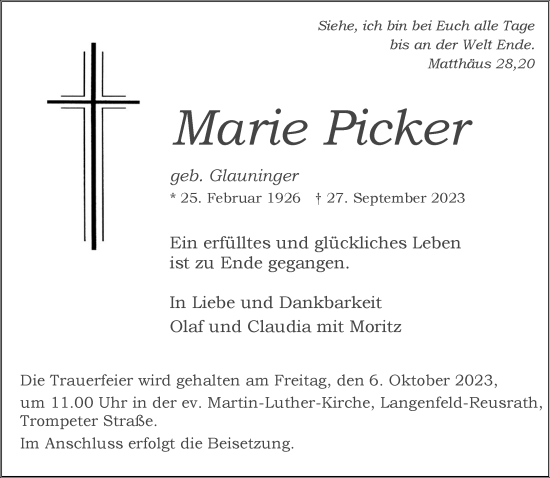 Traueranzeige von Marie Picker von Rheinische Post