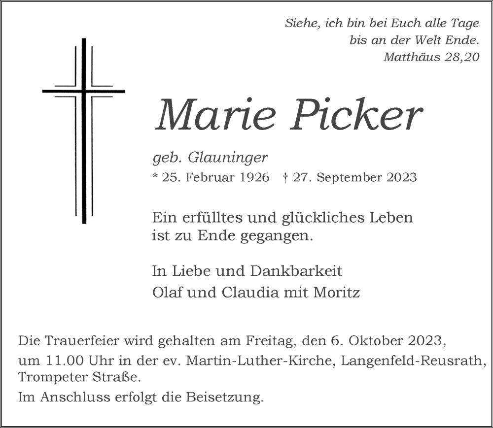  Traueranzeige für Marie Picker vom 30.09.2023 aus Rheinische Post