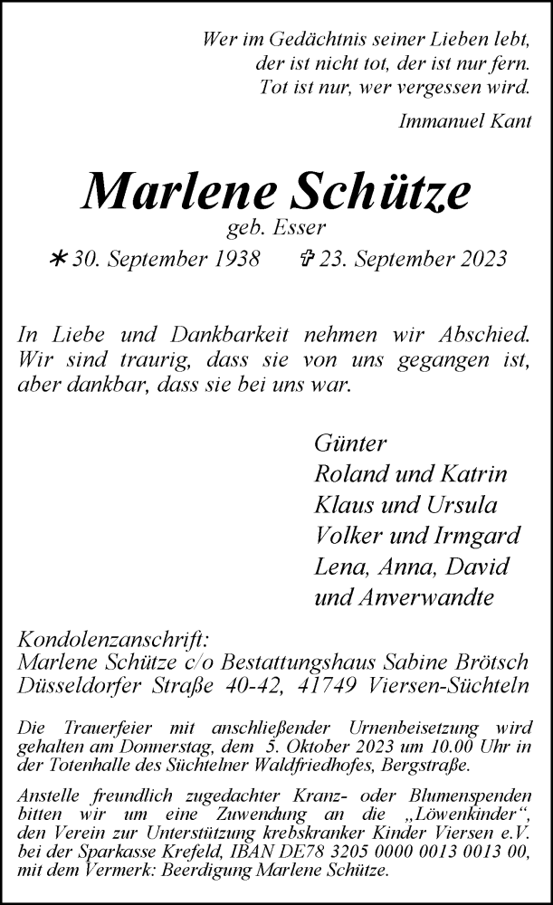  Traueranzeige für Marlene Schütze vom 30.09.2023 aus Rheinische Post