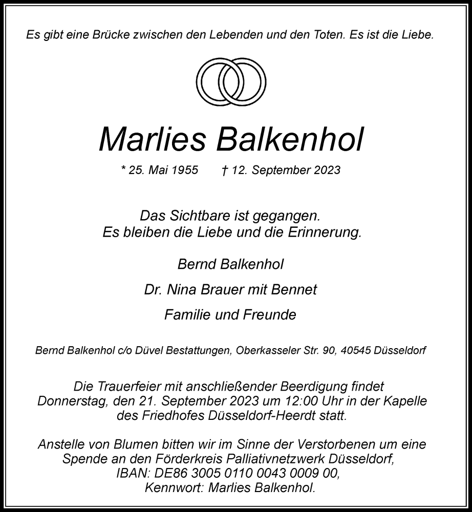  Traueranzeige für Marlies Balkenhol vom 16.09.2023 aus Rheinische Post
