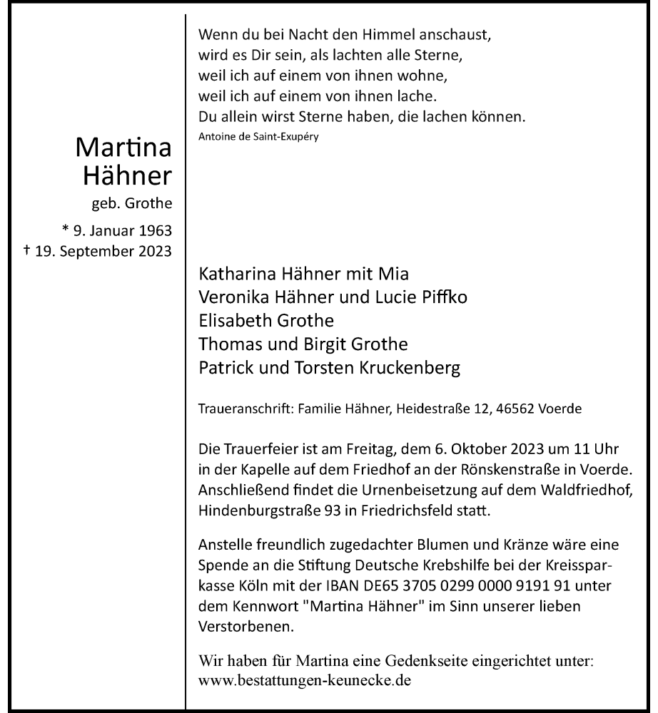  Traueranzeige für Martina Hähner vom 28.09.2023 aus Rheinische Post