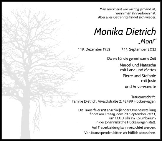 Traueranzeige von Monika Dietrich von Rheinische Post