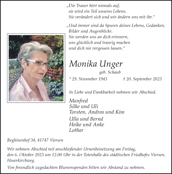 Traueranzeige von Monika Unger von Rheinische Post