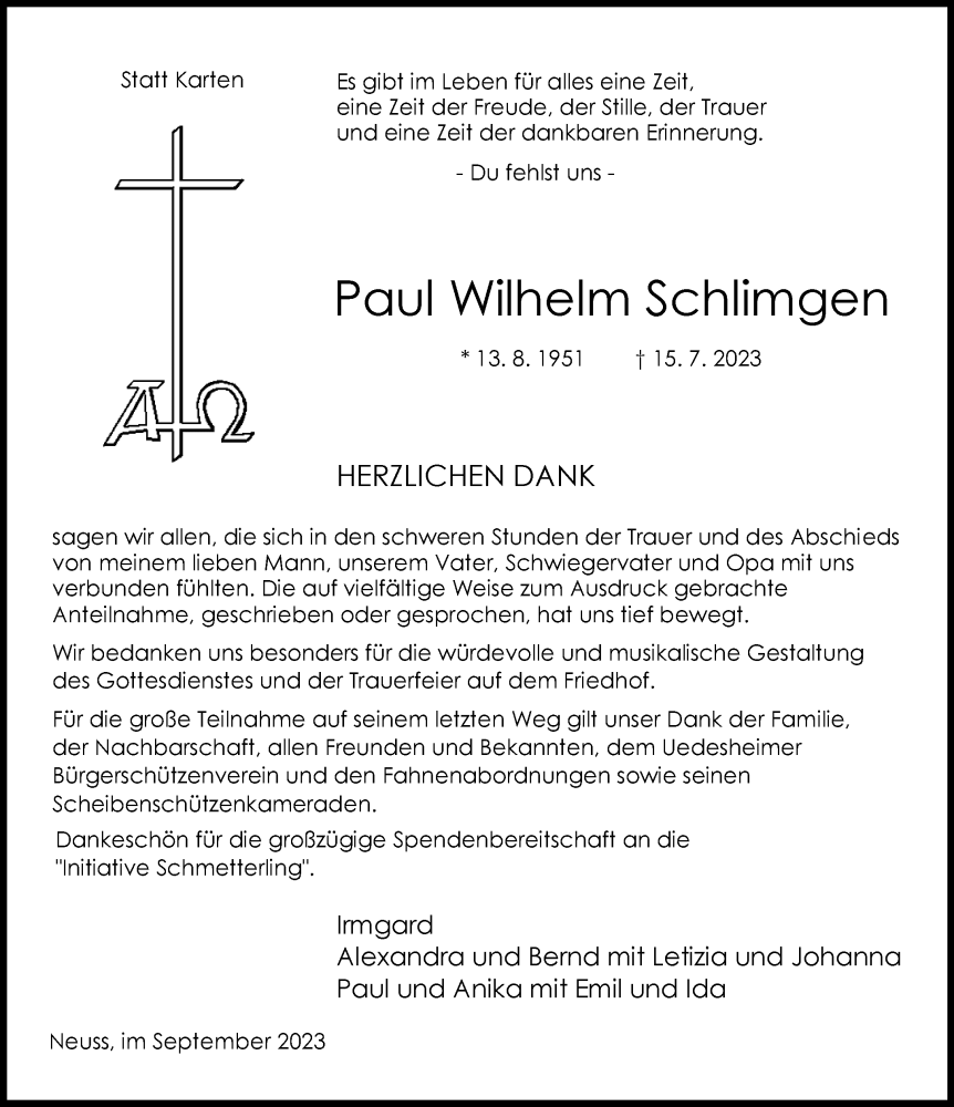  Traueranzeige für Paul Wilhelm Schlimgen vom 02.09.2023 aus Rheinische Post