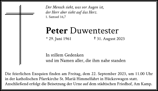 Traueranzeige von Peter Duwentester von Rheinische Post