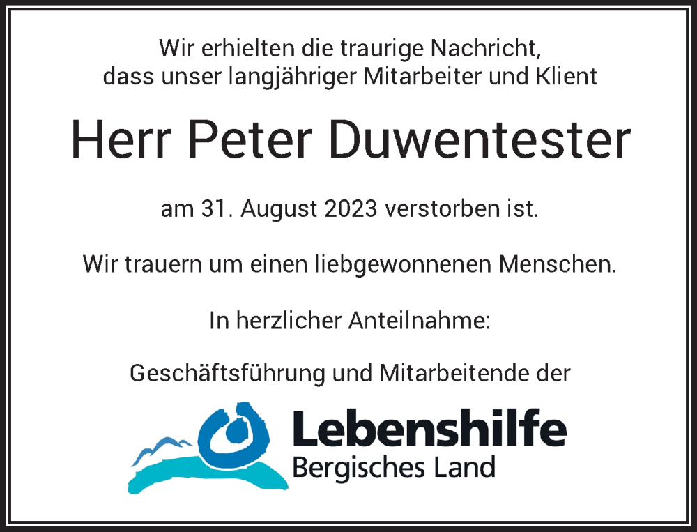  Traueranzeige für Peter Duwentester vom 06.09.2023 aus Rheinische Post
